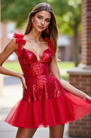 Load image into Gallery viewer, Sparkly Dark Red Sequin Corset A Line Short Prom Dress