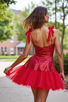 Load image into Gallery viewer, Sparkly Dark Red Sequin Corset A Line Short Prom Dress