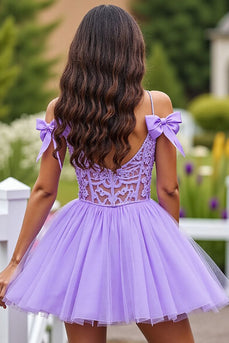 Lavender Corset A Line Short Tulle Prom Dress with Lace