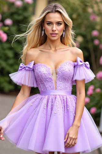 Lavender Tulle Corset Short Prom Dress with Appliques