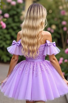 Lavender Tulle Corset Short Prom Dress with Appliques