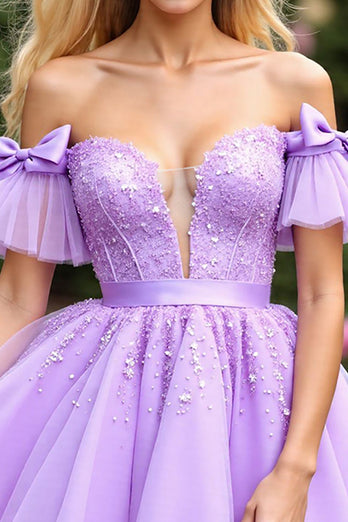 Lavender Tulle Corset Short Prom Dress with Appliques