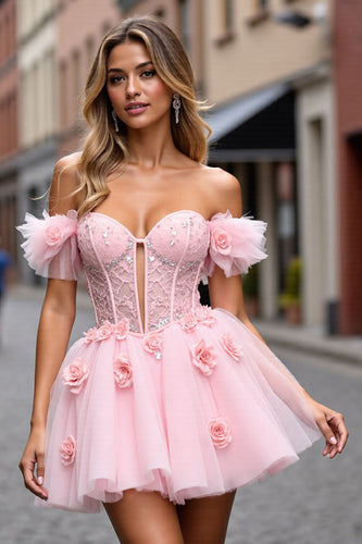 Blush Corset Floral Short Prom Dress with Lace