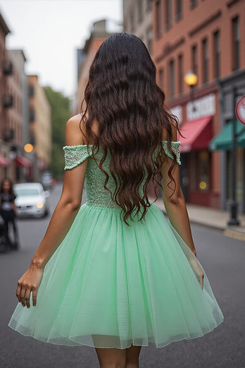 Sparkly Mint Green Tulle Beaded Corset Short Prom Dress
