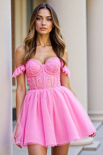 Pink Tulle Corset Ruffled Short Prom Dress with Lace