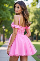 Load image into Gallery viewer, Pink Tulle Corset Ruffled Short Prom Dress with Lace
