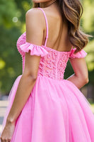 Load image into Gallery viewer, Pink Tulle Corset Ruffled Short Prom Dress with Lace