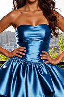 Load image into Gallery viewer, Blue A Line Strapless Short Metallic Prom Dress