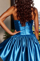 Load image into Gallery viewer, Blue A Line Strapless Short Metallic Prom Dress