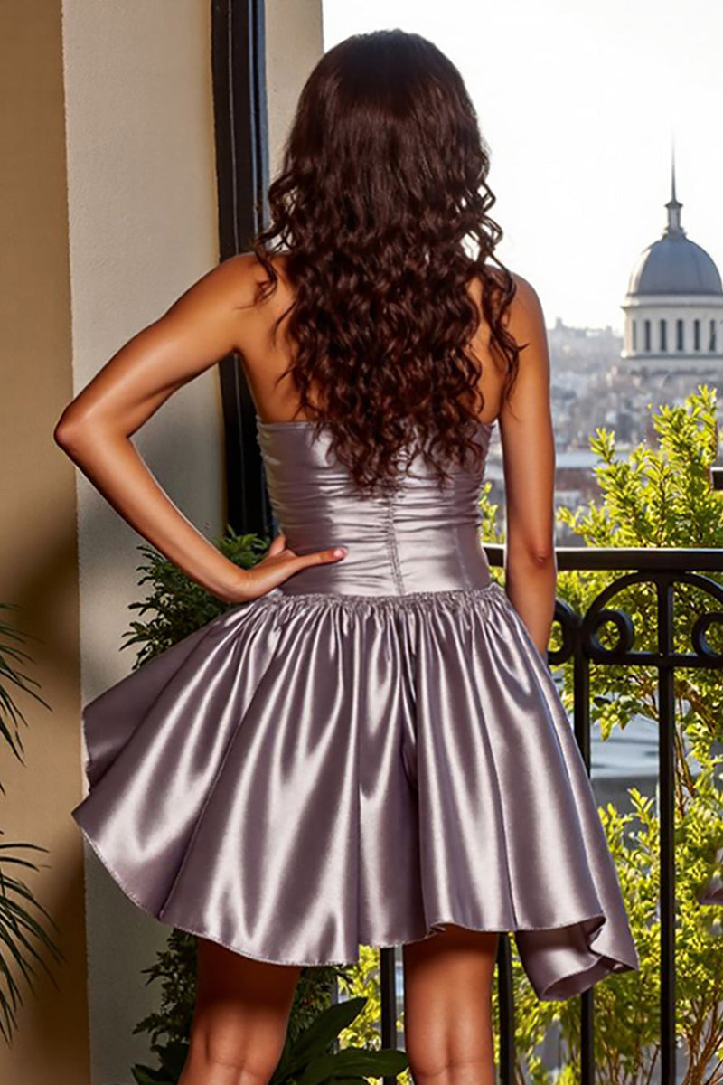 Load image into Gallery viewer, Blue A Line Strapless Short Metallic Prom Dress