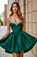 Load image into Gallery viewer, Sparkly Dark Green Satin Corset Short Prom Dress with Rhinestones