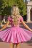 Load image into Gallery viewer, Pink Cold Shoulder Corset Short Prom Dress with Lace