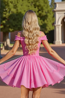 Load image into Gallery viewer, Pink Cold Shoulder Corset Short Prom Dress with Lace