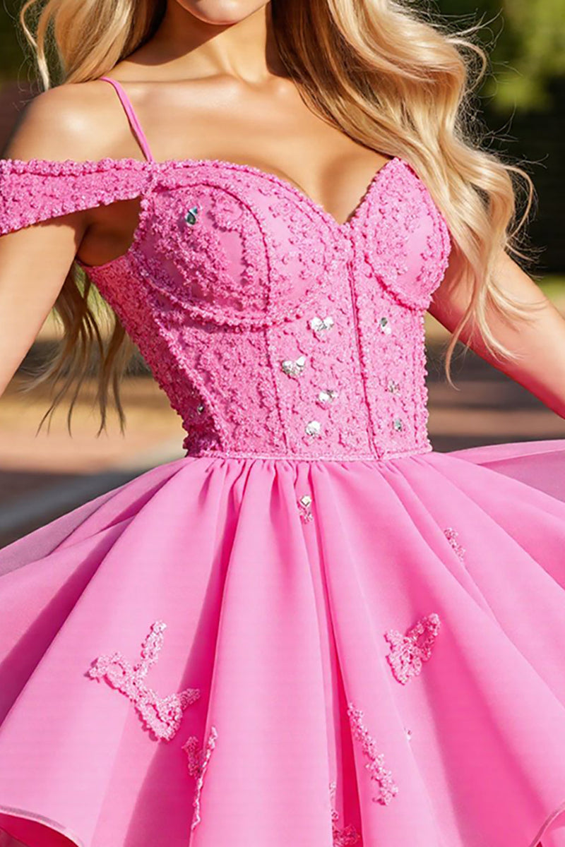 Load image into Gallery viewer, Pink Cold Shoulder Corset Short Prom Dress with Lace