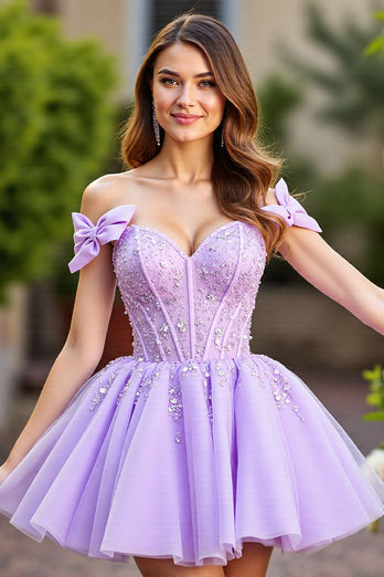 Lavender Tulle Short Corset Prom Dress with Bows