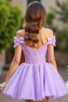 Lavender Tulle Short Corset Prom Dress with Bows
