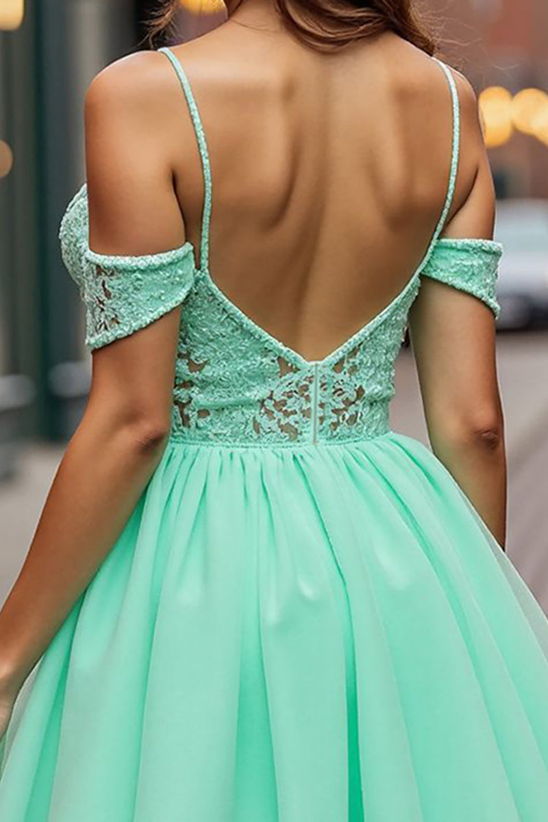 Load image into Gallery viewer, Mint Green Cold Shoulder Tulle Short Prom Dress with Lace