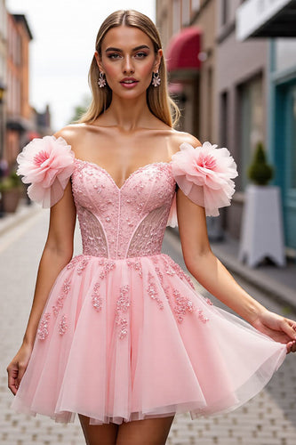 Blush Floral Short Corset Prom Dress with Appliques