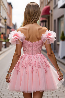 Blush Floral Short Corset Prom Dress with Appliques