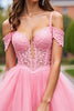 Load image into Gallery viewer, Blush Tulle Detachable Sleeves Short Corset Prom Dress with Lace