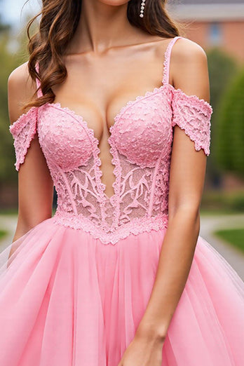 Blush Tulle Detachable Sleeves Short Corset Prom Dress with Lace