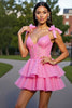 Load image into Gallery viewer, Glitter Pink Corset Tiered Short Prom Dress with Lace