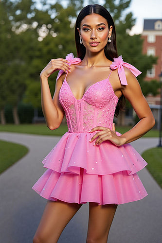 Glitter Pink Corset Tiered Short Prom Dress with Lace