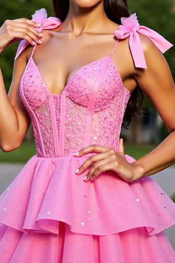 Glitter Pink Corset Tiered Short Prom Dress with Lace