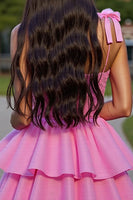 Load image into Gallery viewer, Glitter Pink Corset Tiered Short Prom Dress with Lace