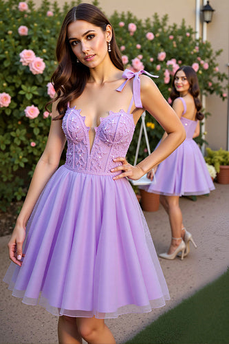 Lavender Tulle Floral Corset Short Prom Dress with Lace