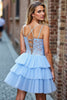 Load image into Gallery viewer, Sky Blue Corset Tulle Tiered Short Prom Dress with Lace