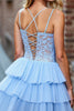 Load image into Gallery viewer, Sky Blue Corset Tulle Tiered Short Prom Dress with Lace