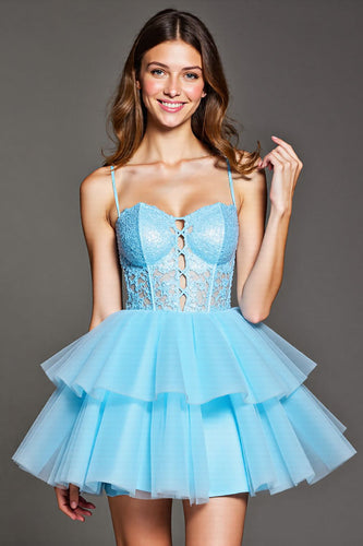 Sky Blue Tulle Short Corset Prom Dress with Lace