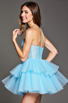 Sky Blue Tulle Short Corset Prom Dress with Lace