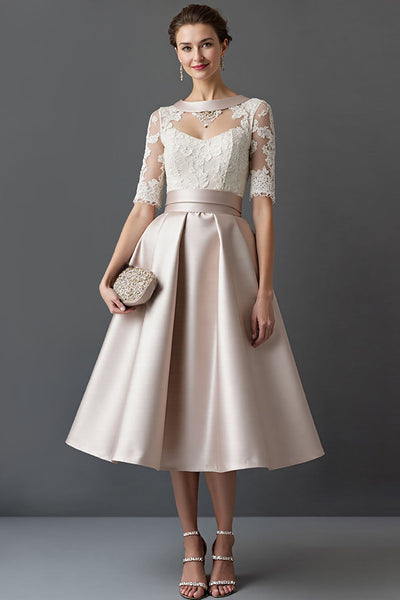 Apricot Satin A Line Midi Mother of the Bride Dress with Lace