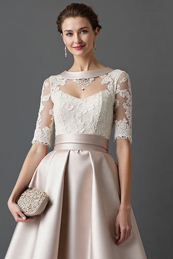 Queendancer Women Apricot A Line Satin Midi Mother of the Bride Dress with Lace Illusion Neck Half Sleeves Wedding Guest Dress queendanceruk Queendancer Women Apricot A Line Satin Midi Mother of the Bride Dress with Lace Illusion Neck Half Sleeves Wedding Guest Dress queendanceruk
