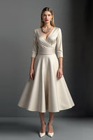 Load image into Gallery viewer, Queendancer UK Women Apricot A Line Satin Midi Mother of the Bride Dress V-Neck 3/4 Sleeves Ruched Wedding Guest Dress