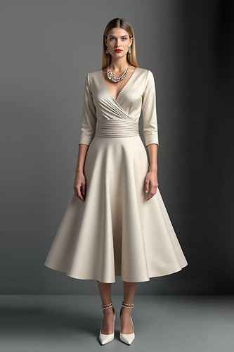 Apricot A Line Satin V-Neck Midi Mother of the Bride Dress