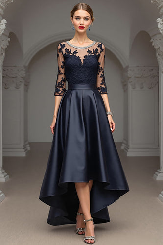 Navy A Line Maxi Satin Mother of the Bride Dress with Lace