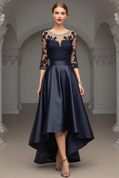 Navy A Line Maxi Satin Mother of the Bride Dress with Lace