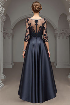 Navy A Line Maxi Satin Mother of the Bride Dress with Lace