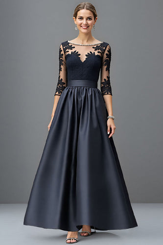 Navy Satin A Line Maxi Mother of the Bride Dress with Lace