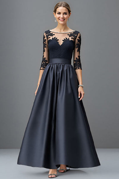 Navy Satin A Line Maxi Mother of the Bride Dress with Lace