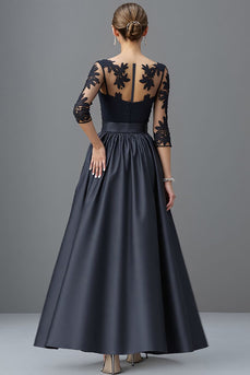 Navy Satin A Line Maxi Mother of the Bride Dress with Lace