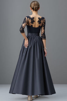 Navy Satin A Line Maxi Mother of the Bride Dress with Lace