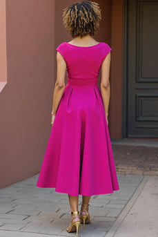 Fuchsia A Line V-Neck Satin Midi Mother of the Bride Dress