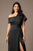 Load image into Gallery viewer, Black Satin Sheath Maxi Mother of the Bride Dress with Slit