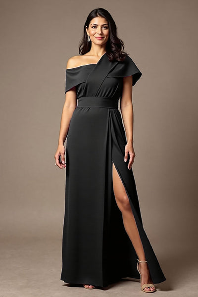 Black Satin Sheath Maxi Mother of the Bride Dress with Slit