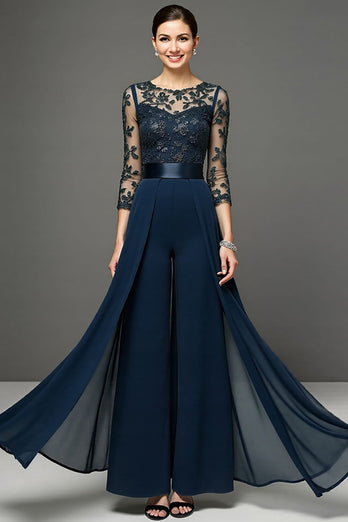 Navy Chiffon Mother of the Bride Pantsuits with Appliques