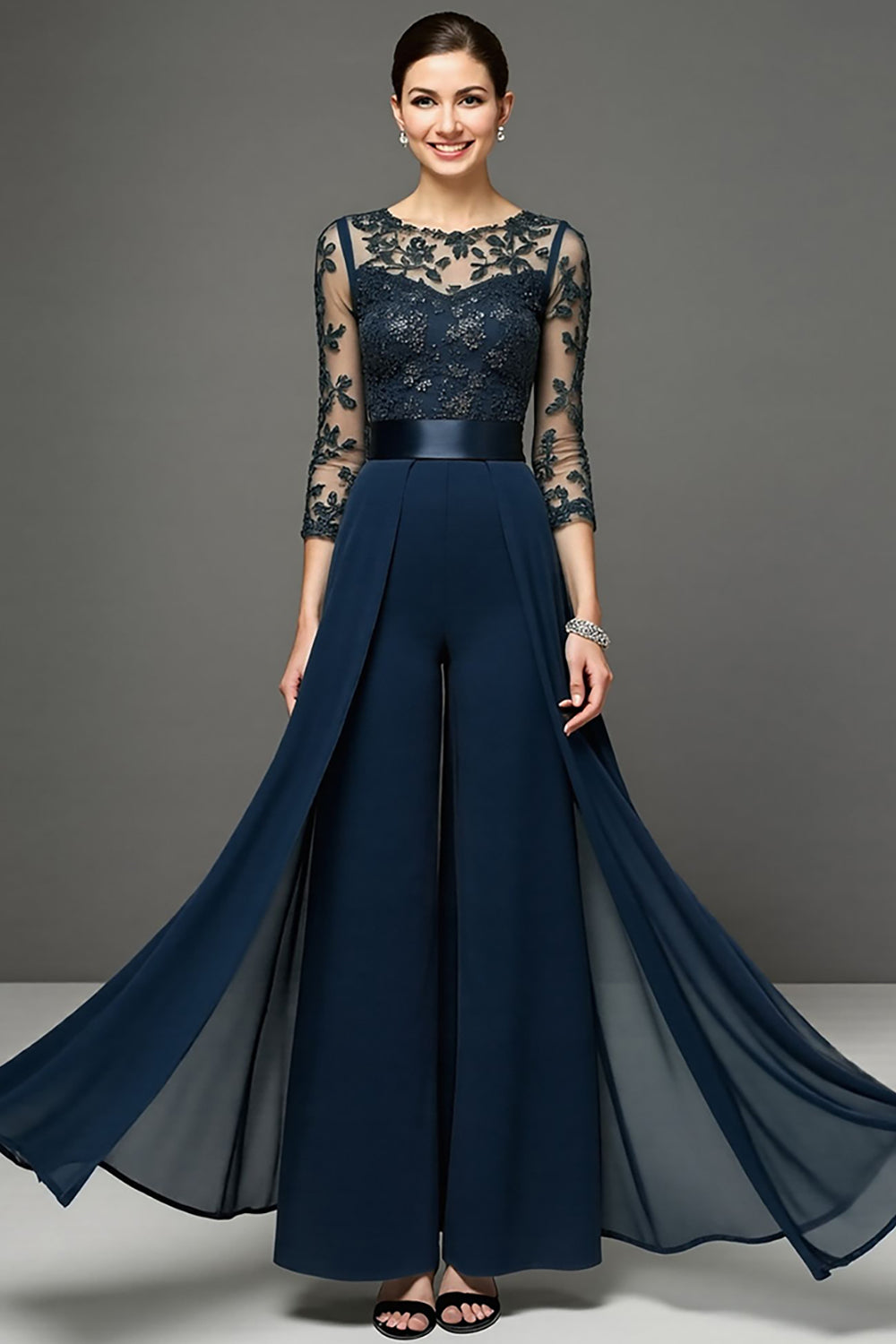 Navy Chiffon Mother of the Bride Pantsuits with Appliques